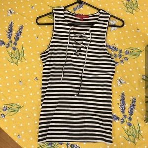 Saks Fifth Avenue Black&white striped lace up tank